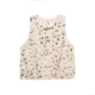 Women Chic Sequin Faux Fur Sleeveless Vest Tank Top Round Neck Shiny Party Streetwear Waistcoat Top Gold Beige Polyester Camisole