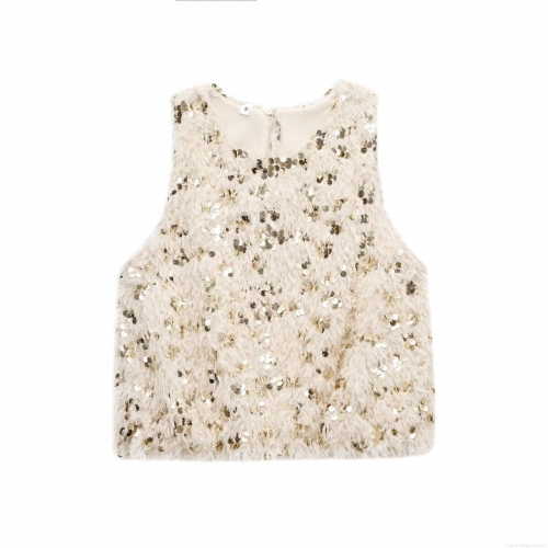 Women Chic Sequin Faux Fur Sleeveless Vest Tank Top Round Neck Shiny Party Streetwear Waistcoat Top Gold Beige Polyester Camisole