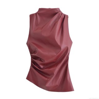Women Sexy Wine Red Faux Leather Sleeveless Tank Top Cowl Neck Irregular Hem Back Zipper Pleated PU Slim Fit Vest Party Clubwear