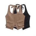 Women's Sexy Halter Neck Crop Top Vest 100% Polyester Twill Fabric Backless Tie-up Bow Slim Fit Sleeveless Waistcoat With Large Pockets Streetwear Fashion Top
