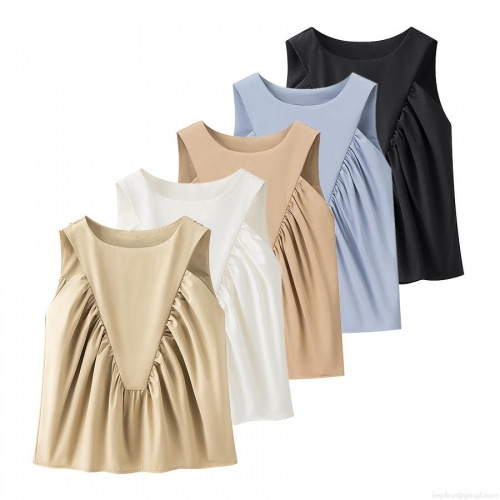 Women's Summer Sleeveless Top Round Neck Pleated Front Polyester Loose Vest Elegant Solid Color Casual Blouse Streetwear for Women