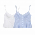 Women Summer Street Fashion Polyester Woven Camisole Top Thin Straps V-Neck Single Breasted Stripe Solid Pleated Peplum Hem Sexy Slim Fit Tank Top