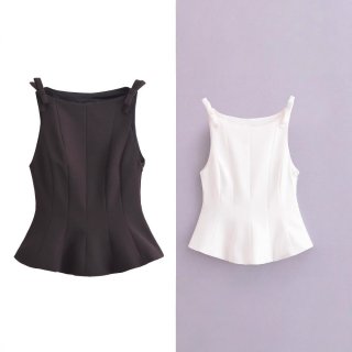 Women Fashion Sleeveless Peplum Top Elegant Bow Shoulder Strap Solid Color 100% Polyester Tank Top For Party Streetwear Casual Ladies Summer Clothing
