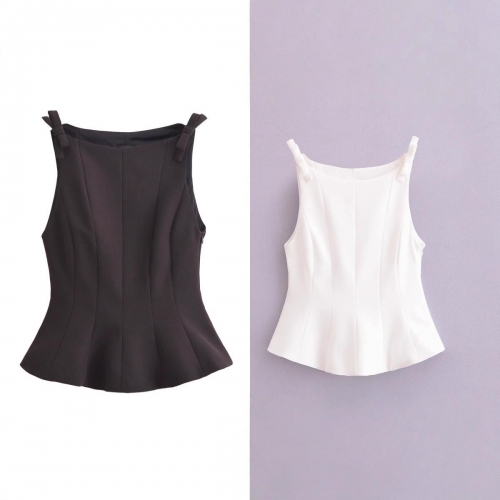 Women Fashion Sleeveless Peplum Top Elegant Bow Shoulder Strap Solid Color 100% Polyester Tank Top For Party Streetwear Casual Ladies Summer Clothing