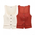 Women's Square Neck Sleeveless Suit Vest Top Button Front Slim Fit Casual Waistcoat Office Streetwear Summer Polyester Blouse