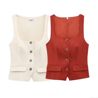 Women's Square Neck Sleeveless Suit Vest Top Button Front Slim Fit Casual Waistcoat Office Streetwear Summer Polyester Blouse