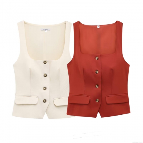 Women's Square Neck Sleeveless Suit Vest Top Button Front Slim Fit Casual Waistcoat Office Streetwear Summer Polyester Blouse