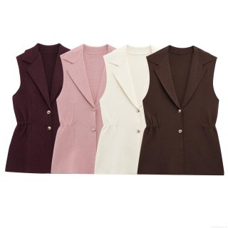 Women Western Style Knitted Vest Notch Lapel Sleeveless Ruched Waist Solid Color Slim Fit Tank Top With Gold Buttons Casual Office Wear Waistcoat