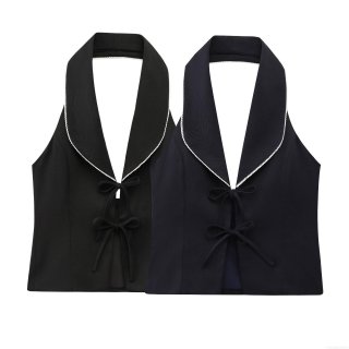 Women's Halter Neck Top 100% Polyester Sleeveless Vest With Scalloped Trim Bow Tie-Up Design Lapel Collar Backless Shirt Streetwear Fashion Party Daily Wear Summer Top