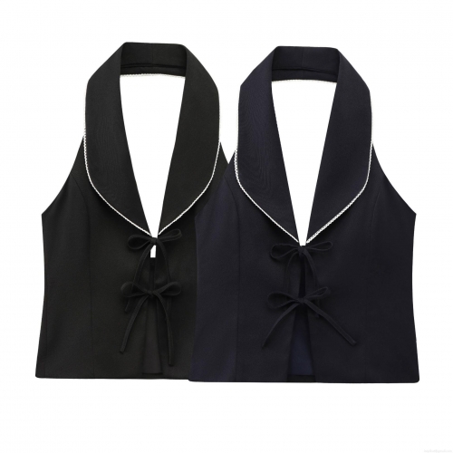 Women's Halter Neck Top 100% Polyester Sleeveless Vest With Scalloped Trim Bow Tie-Up Design Lapel Collar Backless Shirt Streetwear Fashion Party Daily Wear Summer Top