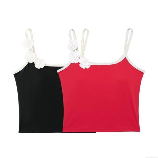Women's 3D Floral Decoration Camisole Built-in Bra Padded Crop Top Contrast Piping Summer Streetwear Slim Fit Tank Top Polyester Blend Fashion Top