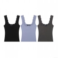 Women's Slim Fit Ribbed Knit Polyester Tank Top With Lace Trim Bow Detail U-Neck Sleeveless Streetwear Cami Top For Summer Daily Wear