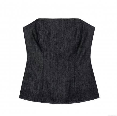 Women's Denim Tube Top Sexy Slim Fit Strapless Bandeau Top For Summer Party Streetwear Solid Black Polyester Blend Sleeveless Crop Top Vest