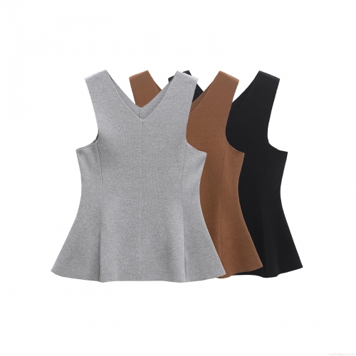 Women's Knitted V-Neck Sleeveless Tank Top Sexy Peplum Hem Slim Fit Polyester Vest Shirt For Summer Daily Streetwear Chic Solid Color Top