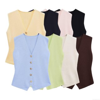 Women's V-Neck Sleeveless Knit Vest Cardigan Solid Color Single Breasted Button Down Slim Fit Sweater Top Streetwear For Summer