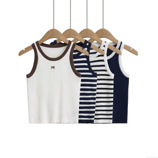 Women's Ribbed Knit Tank Top Slim Fit Contrast Binding Bow Decoration Viscose Nylon Blend Sleeveless Striped Vest Summer Casual Streetwear Crop Top