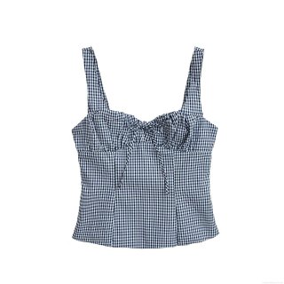Women's Sexy Gingham Camisole Summer Backless Ruched Bust Bow Tie Plaid Spaghetti Strap Crop Top Polyester Tank Top Streetwear
