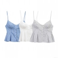 Women Sexy Striped Peplum Camisole Top Front Button Cropped Bustier Tank Top Summer Streetwear Sleeveless Spaghetti Strap Polyester Shirt