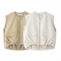 Women's Loose Cargo Vest 100% Polyester Sleeveless Zip Up Jacket With Pockets Summer European Fashion Solid Color Waistcoat For Daily Streetwear