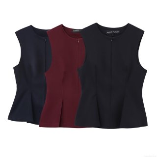 Women's Sleeveless Round Neck Tank Top Polyester Seoul Twill Peplum Hem Pleated Back Zipper Solid Color Casual Streetwear Top