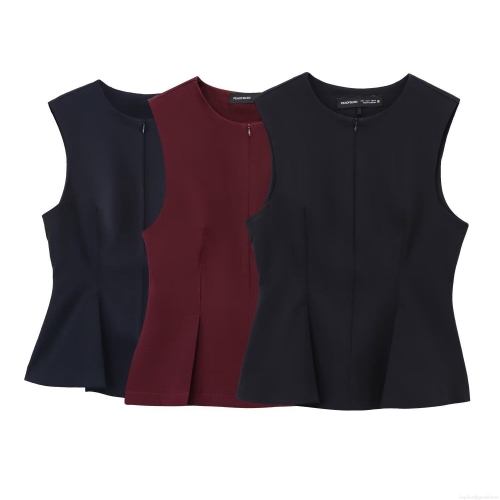 Women's Sleeveless Round Neck Tank Top Polyester Seoul Twill Peplum Hem Pleated Back Zipper Solid Color Casual Streetwear Top