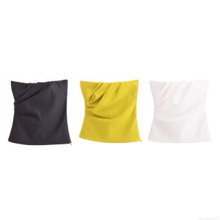 Women Sexy Pleated Tube Top Solid Color Polyester Slim Fit Bandeau With Side Invisible Zipper Summer Street Style Sleeveless Crop Top For Party Daily Wear