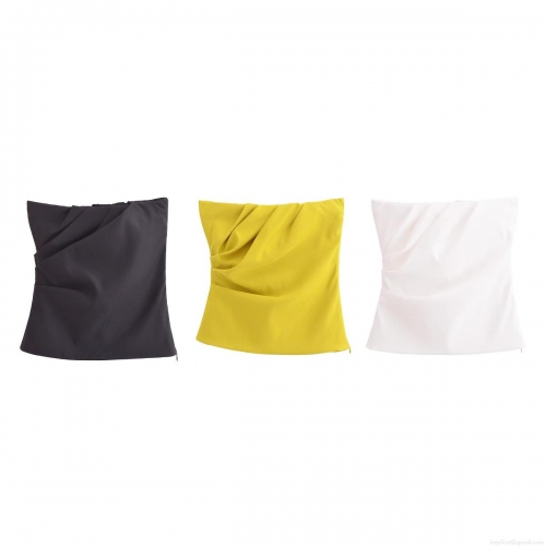 Women Sexy Pleated Tube Top Solid Color Polyester Slim Fit Bandeau With Side Invisible Zipper Summer Street Style Sleeveless Crop Top For Party Daily Wear