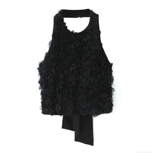 Women's Sexy Backless Halter Top With 3D Rose Flower 3D Chiffon Petal Texture Sleeveless Summer Party Top With Large Bow Tie For Women