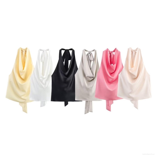 Women's Sexy Halter Neck Satin Camisole Cowl Neck Backless Silk Texture Tank Top Summer Sleeveless Tie Back Shirt For Party Club Streetwear Lady