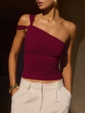 Sexy Wine Red One Shoulder Knotted Crop Top Sleeveless Polyester Spandex Slim Fit Tank Top for Women Party Dating Fashion Streetwear