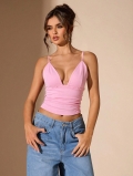 Women's Sexy Pink V-Neck Ruched Tank Top French Style Slim Fit Cropped Camisole Cotton Blend Summer Top For Party Daily Wear