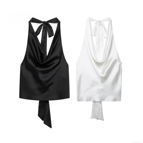 Women's Elegant Halter Neck Satin Vest Top Sexy Cowl Neck Backless Tie-Up Sleeveless Shirt Summer Casual Solid Color Streetwear Tank Top