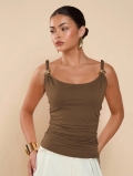 Women's Chic Slim Fit Brown Tank Top With Gold Metal Ring Buckles Ruched Side U-Neck Sexy Sleeveless Crop Camisole For Summer Casual Party