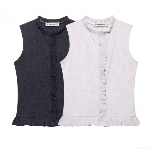 Women's Sleeveless Knit Vest Cardigan Ruffle Lace Collar Button Front Solid Color Polyester Tank Top for Streetwear Casual Daily Wear