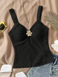 Women's Sexy Black Slim Fit Camisole Vest With Metal Flower Decor Wavy Texture V Neck Sleeveless Tank Top For Summer Vacation Beach Party