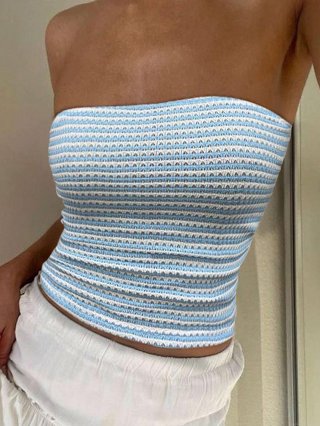 Sexy Women Blue White Striped Knitted Bandeau Cropped Top Polyester Rayon Spandex Sleeveless Off Shoulder Slim Fit Tube Top for Summer Vacation Party Dating