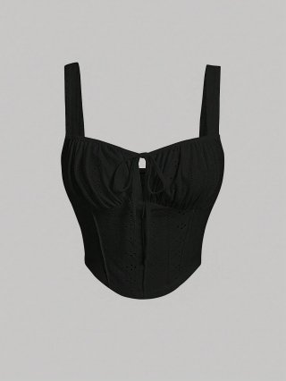 Women Sexy Backless Hollow Out Square Neck Camisole Polyester Spandex Slim Fit Eyelet Lace Tank Top For Summer Party Clubwear