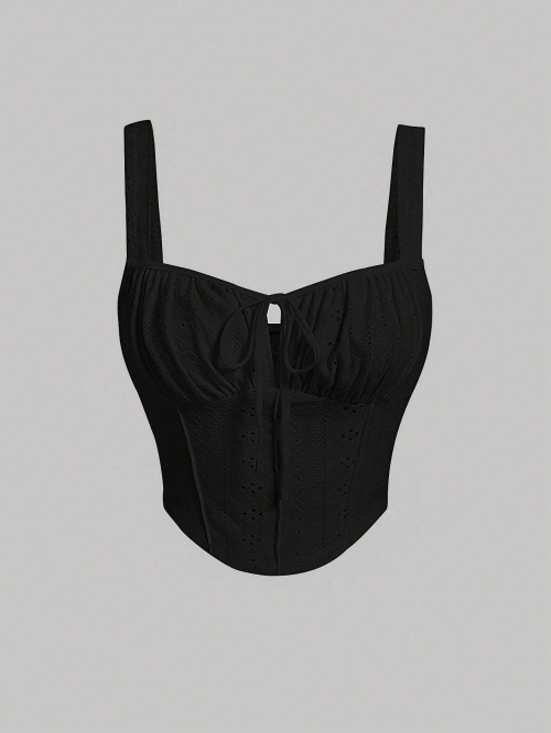 Women Sexy Backless Hollow Out Square Neck Camisole Polyester Spandex Slim Fit Eyelet Lace Tank Top For Summer Party Clubwear