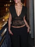 Women's Sexy Black V-Neck Sleeveless Tank Top With Lace Patchwork Backless Cross Straps Polyester Spandex Lace Crop Top For Summer Party Streetwear Clubwear Camisole