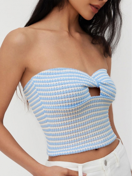 Women's Sexy Striped Knit Tube Top Strapless Twist Knot Cutout Front Crop Top Summer Sleeveless Ribbed Bandeau Vest For Vacation Party Clubwear