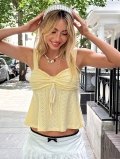 Women's Elegant Yellow Eyelet Embroidery Camisole Peplum Knit Tank Top V-Neck Tie Front Sleeveless Shirt For Summer Beach Vacation