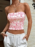 Women's Sexy Floral Print Tube Top Strapless Cropped Tank Top Vintage Slim Fit Backless Spice Girl Style Polyester Summer Resort Party Vest