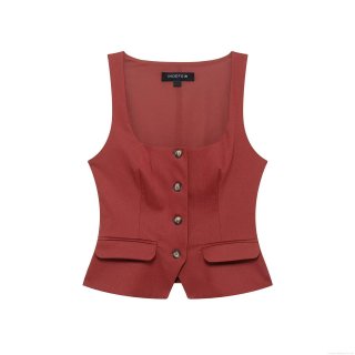 Women's Chic Square Neck Sleeveless Waistcoat Vest Top Slim Fit Polyester Button Up Casual Summer Streetwear Fashion Outerwear