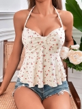 Women's Summer Floral Halter Top Sleeveless Backless Ruffle Hem Camisole Polyester Spandex Blend Slim Fit Boho Tank Top For Beach Vacation Dating Daily Wear