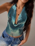 Women's Sexy Tie-Dye Halter Tank Top Backless Slim Fit Knitted Sleeveless Vest Summer Fashion Short Top for Party Clubwear