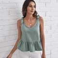 Women's Sage Green Cotton Sleeveless Top With Tie-up Bow Shoulder Straps And Peplum Hem Casual Summer Vacation Camisole Blouse