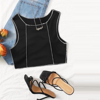 Women Sexy Contrast Stitching Ribbed Crop Tank Top Slim Fit Sleeveless Round Neck Cotton Blend Summer Vest For Women Streetwear