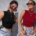 Women's Sleeveless High Neck Ribbed Knit Crop Top Sexy Streetwear Side Drawstring Slim Fit Tank Top Rayon Polyester Spandex Blend Summer Vest