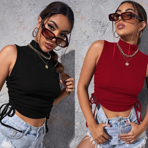 Women's Sleeveless High Neck Ribbed Knit Crop Top Sexy Streetwear Side Drawstring Slim Fit Tank Top Rayon Polyester Spandex Blend Summer Vest