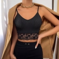Women Sexy Lace Patchwork Ribbed Knit Cami Top V-Neck Slim Fit Sleeveless Black Crop Top Summer Tank Top